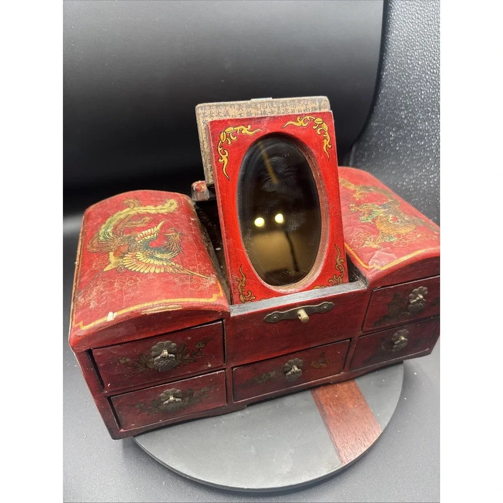 Vtg Mid Century Asian Red Lacquer Large Jewelry Box Mirror Dragon Chest RARE